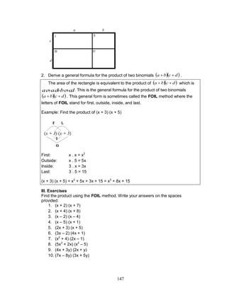 147
2. Derive a general formula for the product of two binomials   dcba  .
The area of the rectangle is equivalent to the product of   dcba  which is
cdbcadac  . This is the general formula for the product of two binomials
  dcba  . This general form is sometimes called the FOIL method where the
letters of FOIL stand for first, outside, inside, and last.
Example: Find the product of (x + 3) (x + 5)
First: x . x = x2
Outside: x . 5 = 5x
Inside: 3 . x = 3x
Last: 3 . 5 = 15
(x + 3) (x + 5) = x2
+ 5x + 3x + 15 = x2
+ 8x + 15
III. Exercises
Find the product using the FOIL method. Write your answers on the spaces
provided:
1. (x + 2) (x + 7)
2. (x + 4) (x + 8)
3. (x – 2) (x – 4)
4. (x – 5) (x + 1)
5. (2x + 3) (x + 5)
6. (3x – 2) (4x + 1)
7. (x2
+ 4) (2x – 1)
8. (5x3
+ 2x) (x2
– 5)
9. (4x + 3y) (2x + y)
10. (7x – 8y) (3x + 5y)
 