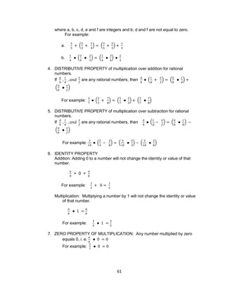 61
where a, b, c, d, e and f are integers and b, d and f are not equal to zero.
For example:
a. ( ) ( )
b. ( ) ( )
4. DISTRIBUTIVE PROPERTY of multiplication over addition for rational
numbers.
If are any rational numbers, then ( ) ( )
( )
For example: ( ) ( ) ( )
5. DISTRIBUTIVE PROPERTY of multiplication over subtraction for rational
numbers.
If are any rational numbers, then ( ) ( )
( )
For example: ( ) ( ) ( )
6. IDENTITY PROPERTY
Addition: Adding 0 to a number will not change the identity or value of that
number.
+ 0 =
For example:
Multiplication: Multiplying a number by 1 will not change the identity or value
of that number.
For example:
7. ZERO PROPERTY OF MULTIPLICATION: Any number multiplied by zero
equals 0, i. e.
For example:
 