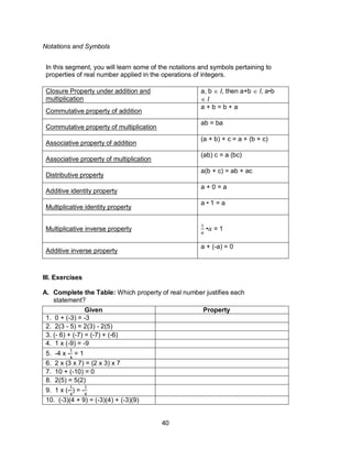 40
Notations and Symbols
III. Exercises
A. Complete the Table: Which property of real number justifies each
statement?
In ...