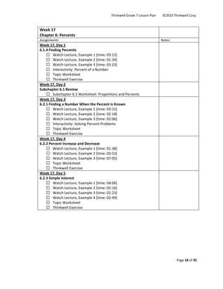 Thinkwell Grade 7 Lesson Plan        ©2010 Thinkwell Corp. 
Page 18 of 35 
 
 
Week 17 
Chapter 6: Percents 
 
Assignments  Notes 
Week 17, Day 1 
6.1.4 Finding Percents 
Watch Lecture, Example 1 [time: 03:15] 
Watch Lecture, Example 2 [time: 01:34] 
Watch Lecture, Example 3 [time: 03:23] 
Interactivity: Percent of a Number 
Topic Worksheet 
Thinkwell Exercise 
 
Week 17, Day 2 
Subchapter 6.1 Review 
Subchapter 6.1 Worksheet: Proportions and Percents 
 
Week 17, Day 3 
6.2.1 Finding a Number When the Percent is Known 
Watch Lecture, Example 1 [time: 03:15] 
Watch Lecture, Example 2 [time: 02:18] 
Watch Lecture, Example 3 [time: 02:06] 
Interactivity: Solving Percent Problems 
Topic Worksheet 
Thinkwell Exercise 
 
Week 17, Day 4 
6.2.2 Percent Increase and Decrease 
Watch Lecture, Example 1 [time: 01:38] 
Watch Lecture, Example 2 [time: 03:53] 
Watch Lecture, Example 3 [time: 07:05] 
Topic Worksheet 
Thinkwell Exercise 
 
Week 17, Day 5 
6.2.3 Simple Interest 
Watch Lecture, Example 1 [time: 04:06] 
Watch Lecture, Example 2 [time: 02:16] 
Watch Lecture, Example 3 [time: 02:23] 
Watch Lecture, Example 4 [time: 02:49]  
Topic Worksheet 
Thinkwell Exercise 
 
 
 