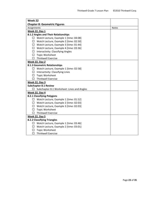 Thinkwell Grade 7 Lesson Plan        ©2010 Thinkwell Corp. 
Page 23 of 35 
 
 
Week 22 
Chapter 8: Geometric Figures 
 
Assignments  Notes 
Week 22, Day 1 
8.1.2 Angles and Their Relationships 
Watch Lecture, Example 1 [time: 04:08] 
Watch Lecture, Example 2 [time: 02:50] 
Watch Lecture, Example 3 [time: 01:44] 
Watch Lecture, Example 4 [time: 03:36]  
Interactivity: Classifying Angles 
Topic Worksheet 
Thinkwell Exercise 
 
Week 22, Day 2 
8.1.3 Geometric Relationships 
Watch Lecture, Example 1 [time: 02:58] 
Interactivity: Classifying Lines 
Topic Worksheet 
Thinkwell Exercise 
 
Week 22, Day 3 
Subchapter 8.1 Review 
Subchapter 8.1 Worksheet: Lines and Angles 
 
Week 22, Day 4 
8.2.1 Classifying Polygons 
Watch Lecture, Example 1 [time: 01:52] 
Watch Lecture, Example 2 [time: 02:03] 
Watch Lecture, Example 3 [time: 02:03] 
Topic Worksheet 
Thinkwell Exercise 
 
Week 22, Day 5 
8.2.2 Classifying Triangles 
Watch Lecture, Example 1 [time: 03:46] 
Watch Lecture, Example 2 [time: 03:01] 
Topic Worksheet 
Thinkwell Exercise 
 
 
 