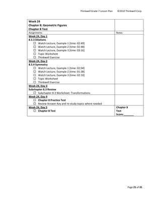 Thinkwell Grade 7 Lesson Plan        ©2010 Thinkwell Corp. 
Page 25 of 35 
 
 
Week 24 
Chapter 8: Geometric Figures 
Chapter 8 Test 
 
Assignments  Notes 
Week 24, Day 1 
8.3.3 Dilations 
Watch Lecture, Example 1 [time: 02:49] 
Watch Lecture, Example 2 [time: 02:48] 
Watch Lecture, Example 3 [time: 03:16] 
Topic Worksheet 
Thinkwell Exercise 
 
Week 24, Day 2 
8.3.4 Symmetry 
Watch Lecture, Example 1 [time: 02:04] 
Watch Lecture, Example 2 [time: 01:38] 
Watch Lecture, Example 3 [time: 02:10] 
Topic Worksheet 
Thinkwell Exercise 
 
Week 24, Day 3 
Subchapter 8.3 Review 
Subchapter 8.3 Worksheet: Transformations 
 
Week 24, Day 4 
Chapter 8 Practice Test 
Review Answer Key and re‐study topics where needed 
 
Week 24, Day 5 
Chapter 8 Test 
Chapter 8  
Test 
Score:_______ 
 
 