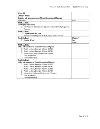 Thinkwell Grade 7 Lesson Plan        ©2010 Thinkwell Corp. 
Page 28 of 35 
 
 
Week 27 
Chapter 9 Test 
Chapter 10: Measurement: Three‐Dimensional Figures 
 
Assignments  Notes 
Week 27, Day 1 
Subchapter 9.2 Review 
Subchapter 9.2 Worksheet: Square Roots and the Pythagorean 
Theorem 
 
Week 27, Day 2 
Chapter 9 Practice Test 
Review Answer Key and re‐study topics where needed 
 
Week 27, Day 3 
Chapter 9 Test 
Chapter 9  
Test 
Score:_______ 
Week 27, Day 4 
10.1.1 Introduction to Three‐Dimensional Figures 
Watch Lecture, Example 1 [time: 06:53] 
Watch Lecture, Example 2 [time: 03:52] 
Interactivity: Three‐Dimensional Figures 
Topic Worksheet 
Thinkwell Exercise 
 
Week 27, Day 5 
10.1.2 Introduction to Three‐Dimensional Figures 
Watch Lecture, Example 1 [time: 02:27] 
Watch Lecture, Example 2 [time: 03:14] 
Watch Lecture, Example 3 [time: 01:51] 
Watch Lecture, Example 4 [time: 05:48] 
Interactivity: Volume of Prisms and Cylinders 
Topic Worksheet 
Thinkwell Exercise 
 
 
 