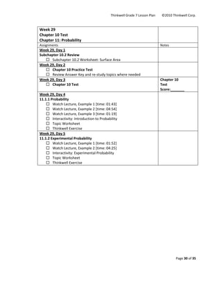 Thinkwell Grade 7 Lesson Plan        ©2010 Thinkwell Corp. 
Page 30 of 35 
 
 
Week 29 
Chapter 10 Test 
Chapter 11: Probability 
 
Assignments  Notes 
Week 29, Day 1 
Subchapter 10.2 Review 
Subchapter 10.2 Worksheet: Surface Area 
 
Week 29, Day 2 
Chapter 10 Practice Test 
Review Answer Key and re‐study topics where needed 
 
Week 29, Day 3 
Chapter 10 Test 
Chapter 10  
Test 
Score:_______ 
Week 29, Day 4 
11.1.1 Probability 
Watch Lecture, Example 1 [time: 01:43] 
Watch Lecture, Example 2 [time: 04:54] 
Watch Lecture, Example 3 [time: 01:19] 
Interactivity: Introduction to Probability 
Topic Worksheet 
Thinkwell Exercise 
 
Week 29, Day 5 
11.1.2 Experimental Probability 
Watch Lecture, Example 1 [time: 01:52] 
Watch Lecture, Example 2 [time: 04:25] 
Interactivity: Experimental Probability 
Topic Worksheet 
Thinkwell Exercise 
 
 
 