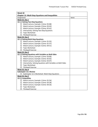 Thinkwell Grade 7 Lesson Plan        ©2010 Thinkwell Corp. 
Page 33 of 35 
 
 
Week 32 
Chapter 12: Multi‐Step Equations and Inequalities 
 
Assignments  Notes 
Week 32, Day 1 
12.1.1 Solving Two‐Step Equations 
Watch Lecture, Example 1 [time: 05:08] 
Watch Lecture, Example 2 [time: 03:43] 
Watch Lecture, Example 3 [time: 02:41] 
Interactivity: Solving Two‐Step Equations 
Topic Worksheet 
Thinkwell Exercise 
 
Week 32, Day 2 
12.1.2 Solving Multi‐Step Equations 
Watch Lecture, Example 1 [time: 01:35] 
Watch Lecture, Example 2 [time: 01:57] 
Watch Lecture, Example 3 [time: 04:51] 
Topic Worksheet 
Thinkwell Exercise 
 
Week 32, Day 3 
12.1.3 Solving Equations with Variables on Both Sides 
Watch Lecture, Example 1 [time: 03:00] 
Watch Lecture, Example 2 [time: 05:02] 
Watch Lecture, Example 3 [time: 03:47] 
Interactivity: Solving Equations with Variables on Both Sides 
Topic Worksheet 
Thinkwell Exercise 
 
Week 32, Day 4 
Subchapter 12.1 Review 
Subchapter 12.1 Worksheet: Multi‐Step Equations 
 
Week 32, Day 5 
12.2.1 Inequalities 
Watch Lecture, Example 1 [time: 01:54] 
Watch Lecture, Example 2 [time: 03:28] 
Watch Lecture, Example 3 [time: 04:26] 
Topic Worksheet 
Thinkwell Exercise 
 
 
 