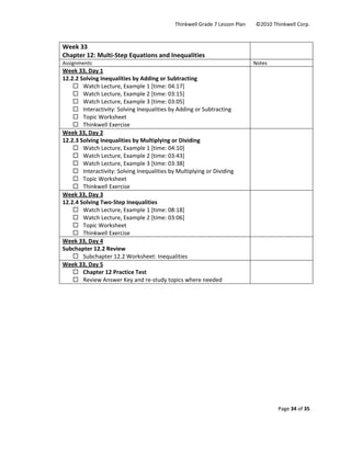 Thinkwell Grade 7 Lesson Plan        ©2010 Thinkwell Corp. 
Page 34 of 35 
 
 
Week 33 
Chapter 12: Multi‐Step Equations and Inequalities 
 
Assignments  Notes 
Week 33, Day 1 
12.2.2 Solving Inequalities by Adding or Subtracting 
Watch Lecture, Example 1 [time: 04:17] 
Watch Lecture, Example 2 [time: 03:15] 
Watch Lecture, Example 3 [time: 03:05] 
Interactivity: Solving Inequalities by Adding or Subtracting 
Topic Worksheet 
Thinkwell Exercise 
 
Week 33, Day 2 
12.2.3 Solving Inequalities by Multiplying or Dividing 
Watch Lecture, Example 1 [time: 04:10] 
Watch Lecture, Example 2 [time: 03:43] 
Watch Lecture, Example 3 [time: 03:38] 
Interactivity: Solving Inequalities by Multiplying or Dividing 
Topic Worksheet 
Thinkwell Exercise 
 
Week 33, Day 3 
12.2.4 Solving Two‐Step Inequalities 
Watch Lecture, Example 1 [time: 08:18] 
Watch Lecture, Example 2 [time: 03:06] 
Topic Worksheet 
Thinkwell Exercise 
 
Week 33, Day 4 
Subchapter 12.2 Review 
Subchapter 12.2 Worksheet: Inequalities 
 
Week 33, Day 5 
Chapter 12 Practice Test 
Review Answer Key and re‐study topics where needed 
 
 
 