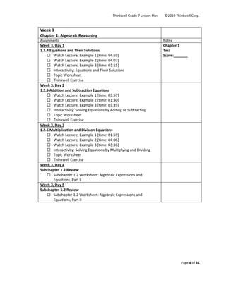 Thinkwell Grade 7 Lesson Plan        ©2010 Thinkwell Corp. 
Page 4 of 35 
 
 
Week 3 
Chapter 1: Algebraic Reasoning 
 
Assignments  Notes 
Week 3, Day 1 
1.2.4 Equations and Their Solutions  
Watch Lecture, Example 1 [time: 04:59] 
Watch Lecture, Example 2 [time: 04:07] 
Watch Lecture, Example 3 [time: 03:15] 
Interactivity: Equations and Their Solutions 
Topic Worksheet 
Thinkwell Exercise 
Chapter 1  
Test 
Score:_______ 
Week 3, Day 2 
1.2.5 Addition and Subtraction Equations  
Watch Lecture, Example 1 [time: 03:57] 
Watch Lecture, Example 2 [time: 01:30] 
Watch Lecture, Example 3 [time: 03:39] 
Interactivity: Solving Equations by Adding or Subtracting 
Topic Worksheet 
Thinkwell Exercise 
 
Week 3, Day 3 
1.2.6 Multiplication and Division Equations  
Watch Lecture, Example 1 [time: 01:59] 
Watch Lecture, Example 2 [time: 04:06] 
Watch Lecture, Example 3 [time: 03:36] 
Interactivity: Solving Equations by Multiplying and Dividing 
Topic Worksheet 
Thinkwell Exercise 
 
Week 3, Day 4 
Subchapter 1.2 Review 
Subchapter 1.2 Worksheet: Algebraic Expressions and 
Equations, Part I 
 
Week 3, Day 5 
Subchapter 1.2 Review 
Subchapter 1.2 Worksheet: Algebraic Expressions and 
Equations, Part II 
 
 
 