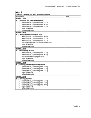 Thinkwell Grade 7 Lesson Plan        ©2010 Thinkwell Corp. 
Page 9 of 35 
 
 
Week 8 
Chapter 3: Operations with Rational Numbers 
 
Assignments  Notes 
Week 8, Day 1 
3.1.1 Rounding and Estimating Decimals  
Watch Lecture, Example 1 [time: 03:37] 
Watch Lecture, Example 2 [time: 00:39] 
Watch Lecture, Example 3 [time: 03:28] 
Topic Worksheet 
Thinkwell Exercise 
 
Week 8, Day 2 
3.1.2 Adding and Subtracting Decimals  
Watch Lecture, Example 1 [time: 06:02] 
Watch Lecture, Example 2 [time: 02:21] 
Watch Lecture, Example 3 [time: 02:25] 
Interactivity: Adding and Subtracting Decimals 
Topic Worksheet 
Thinkwell Exercise 
 
Week 8, Day 3 
3.1.3 Multiplying Decimals  
Watch Lecture, Example 1 [time: 02:14] 
Watch Lecture, Example 2 [time: 06:10] 
Interactivity: Multiplying Decimals 
Topic Worksheet 
Thinkwell Exercise 
 
Week 8, Day 4 
3.1.4 Dividing Decimals by Whole Numbers 
Watch Lecture, Example 1 [time: 03:50] 
Watch Lecture, Example 2 [time: 02:24] 
Watch Lecture, Example 3 [time: 02:33]  
Topic Worksheet 
Thinkwell Exercise 
 
Week 8, Day 5 
3.1.5 Dividing Decimals 
Watch Lecture, Example 1 [time: 02:24] 
Watch Lecture, Example 2 [time: 01:30] 
Watch Lecture, Example 3 [time: 05:04]  
Topic Worksheet 
Thinkwell Exercise 
 
 
 