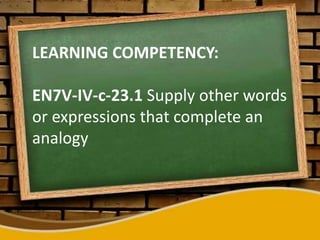 LEARNING COMPETENCY:
EN7V-IV-c-23.1 Supply other words
or expressions that complete an
analogy
 