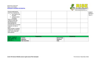 Department of Education
Negros Island Region
DIVISION OF NEGROS OCCIDENTAL
Junior HS Science Weekly Lesson Log & Lesson Plan Exemplar First Version: November 2016
Grade 8
Quarter 4
Page 14
Did the remedial lessons
work? No. of Learners who:
 have caught up with
the lesson
 continue to require
remediation
Which of my teaching
strategies worked well?
Why did these work?
What difficulties did I
encounter which my Principal/
Supervisor can help me
solve?
What innovation or localized
materials did I use/ discover
which I wish to share with
other teachers?
Grade 7, Quarter 4
Daily Lesson Log
Week No. 3
Prepared by: Checked by:
Teacher: School Head:
Signature: Signature:
Date Submitted: Date:
 