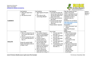 Department of Education
Negros Island Region
DIVISION OF NEGROS OCCIDENTAL
Junior HS Science Weekly Lesson Log & Lesson Plan Exemplar First Version: November 2016
Grade 8
Quarter 4
Page 18
ELABORATE
Key Questions:
1. What is the result if air is
heated?
2. Why does hot air rise?
Key Questions:
1. What happens to the warm
air?
2. How is the air in the
surroundings affected?
Key Questions:
1. If we relate the activity with
the sun’s rays, what can you
infer with the heating of the
water and the sand?
2. Do they heat up as fast as
each other?
3. Do land and water absorb
heat from the Sun in the
same way?
Process students’ responses.
Right after students will have
a grasp on the process
involve in sea breeze and land
breeze let them watch a video
presentation for them to
understand better the
process.
Sea Breeze and Land Breeze:
https://www.youtube.com/watc
h?v=L1QJlrneJUw
Key Question:
1. What is sea breeze? Land
breeze?
Deepening of the lesson
follows.
EVALUATE
True or False
1. Warm air is heavier than cool
air so it sinks while cooler air
rises. (F)
2. Cool air is heavier than warm
air so it sinks while warm air
rises. (T)
Answer this question briefly:
Explain what happens when air
is heated. (3 pts.)
True or False
1. The constant changes of
warm air in the atmosphere
causes changing weather
condition. (T)
2. As warm air rises, it
becomes warmer. (F)
3. As air becomes heated
near the surface of the
Earth, air molecules
expand, thus making the air
denser than the cooler air
layers on top of it. (F)
4. Warm air rises and air
moves toward the place
where warm air is rising. (T)
True or False
1. The sand cools faster
than water. (T)
2. The water cools faster
than sand. (F)
3. The sand heats faster
than water. (T)
4. The water heats faster
than sand. (F)
5. The temperature of the
sand increases faster
than water. (T)
Multiple Choice
1. Which is the best answer
for which breezes blow?
a.High pressure to low
pressure*
b.West to east
c.Low pressure to high
pressure
d.North to south
2. What type of breeze forms
when the land cools faster
than the ocean?
a.Sea breeze*
b.Valley breeze
c.Mountain breeze
d.Land breeze
 