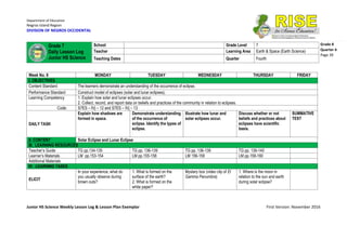 Department of Education
Negros Island Region
DIVISION OF NEGROS OCCIDENTAL
Junior HS Science Weekly Lesson Log & Lesson Plan Exemplar First Version: November 2016
Grade 8
Quarter 4
Page 39
Week No. 8 MONDAY TUESDAY WEDNESDAY THURSDAY FRIDAY
I. OBJECTIVES
Content Standard The learners demonstrate an understanding of the occurrence of eclipse.
Performance Standard Construct model of eclipses (solar and lunar eclipses).
Learning Competency 1. Explain how solar and lunar eclipses occur.
2. Collect, record, and report data on beliefs and practices of the community in relation to eclipses.
Code: S7ES – IVj – 12 and S7ES – IVj – 13
DAILY TASK
Explain how shadows are
formed in space.
Demonstrate understanding
of the occurrence of
eclipse. Identify the types of
eclipse.
Illustrate how lunar and
solar eclipses occur.
Discuss whether or not
beliefs and practices about
eclipses have scientific
basis.
SUMMATIVE
TEST
II. CONTENT Solar Eclipse and Lunar Eclipse
III. LEARNING RESOURCES
Teacher’s Guide TG pp.134-135 TG pp. 136-139 TG pp. 136-138 TG pp. 139-140
Learner’s Materials LM pp.153-154 LM pp.155-158 LM 156-158 LM pp.158-160
Additional Materials
IV. LEARNING TASKS
ELICIT
In your experience, what do
you usually observe during
brown outs?
1. What is formed on the
surface of the earth?
2. What is formed on the
white paper?
Mystery box (video clip of El
Gamma Penumbra)
1. Where is the moon in
relation to the sun and earth
during solar eclipse?
Grade 7
Daily Lesson Log
Junior HS Science
School Grade Level 7
Teacher Learning Area Earth & Space (Earth Science)
Teaching Dates Quarter Fourth
 