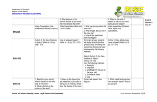 Department of Education
Negros Island Region
DIVISION OF NEGROS OCCIDENTAL
Junior HS Science Weekly Lesson Log & Lesson Plan Exemplar First Version: November 2016
Grade 8
Quarter 4
Page 40
3. What happens to the
moon’s shadow as you move
the moon around the earth?
2. Where is the earth in
relation to the sun and moon
during a lunar eclipse?
ENGAGE
Video Presentation (How
shadows are formed in space.)
Video Presentation (Solar and
Lunar Eclipse)
1. What can you say about the
video clip?
2. What images did you see in
the video clip?
3. How did the performers
form the images?
Video presentation (Eclipses:
Facts, Myths, and
superstitions.
EXPLORE
Activity 3: Are there Shadows
in Space? (Refer to L.M pp.
268 – 270)
How do eclipses happen?
(Refer to L.M pp. 270 – 273)
Working in groups, students
will design an activity/follow
guided activity simulating the
occurrence of lunar and solar
eclipses using the following
materials.
Refer to Activity 3: Are there
Shadows in Space?
(LM pp.134-135)
Use the following materials:
a. flashlight
b. large ball
c. small ball (1/4 the size of
the large ball)
d. 2 barbecue sticks
e. clay
Activity 4: Does a Bakunawa
cause eclipse? (Refer to L.M
pp. 270 – 273
EXPLAIN
1. Base from your activity,
what is formed on the other
side of the moon?
2. What is formed on the
surface of the earth?
1. Based on the figures that
are presented to you (refer to
the figures in module), Where
does the shadow of the moon
Student will present their
diagram.
1. Which beliefs and practices
have scientific bases? Why do
you say so?
 