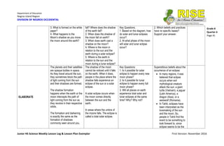 Department of Education
Negros Island Region
DIVISION OF NEGROS OCCIDENTAL
Junior HS Science Weekly Lesson Log & Lesson Plan Exemplar First Version: November 2016
Grade 8
Quarter 4
Page 41
3. What is formed on the white
paper?
4. What happens to the
Moon’s shadow as you move
the moon around the earth?
fall? Where does the shadow
of the earth fall?
2. When does the shadow of
the moon fall on earth?
3. When does earth cast a
shadow on the moon?
4. Where is the moon in
relation to the sun and the
earth during a solar eclipse?
5. Where is the earth in
relation to the sun and the
moon during a lunar eclipse?
Key Questions.
1. Based on the diagram, how
do solar and lunar eclipses
occur?
2. At what phase of the moon
will solar and lunar eclipse
occur?
2. Which beliefs and practices
have no specific bases?
Support your answer.
ELABORATE
The planets and their satellites
are opaque bodies in space.
As they travel around the sun,
they sometimes block the path
of light coming from the sun
and their shadows are formed.
The shadow formation
happens when the earth or the
moon intercepts the path of
light coming from the sun as
they revolve in their respective
orbits.
The formation and darkening
is exactly the same as the
formation of shadows
commonly seen around you.
The shadow of the moon
cannot be noticed until it falls
on the earth. When it does,
people in the place where the
shadow falls experience an
eclipse of the sun or a solar
eclipse.
A solar eclipse occurs when
the moon comes directly
between the sun and the
earth.
In areas where the umbra of
the moons falls. The eclipse is
called a total solar eclipse.
Key Questions:
1. Is it possible for solar
eclipse to happen every new
moon phase?
2. Is it possible for lunar
eclipse to happen every full
moon phase?
3. Will all places on earth
experience total solar and
lunar eclipses at the same
time? Why? Why not?
Superstitious beliefs about the
occurrence of an eclipse:
 In many regions, it was
believed that eclipse
occurs when evil
mythological creature
attack the sun: a giant
turtle (Vietnam), a jaguar
(Latin America), a
dragon (Asia), or a
werewolf (Romania).
 In Tahiti, eclipses have
been interpreted as the
lovemaking of the sun
and the moon. So,
people in Tahiti find the
event to be something to
look forward to, since
eclipse seems to be the
 