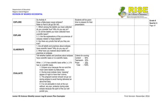 Department of Education
Negros Island Region
DIVISION OF NEGROS OCCIDENTAL
Junior HS Science Weekly Lesson Log & Lesson Plan Exemplar First Version: November 2016
Grade 8
Quarter 4
Page 47
EXPLORE
Do Activity 4:
Does a Bakunawa cause eclipses?
Refer to Part II LM pp139-140.
Students will be given
time to prepare for their
presentation.
EXPLAIN
1. Which among the beliefs you have collected
do you consider true? Why do you say so?
2. Do all the beliefs you have collected have
scientific basis?
3. 3. Are the explanations of the occurrences of
eclipses related to these beliefs?
4. Are there any proofs that tell you they are
true?
ELABORATE
1. Are all beliefs and practices about eclipses
have scientific basis? Why do you say so?
2. What have you realized about beliefs and
practices on eclipses
EVALUATE
Tell whether beliefs and practices about eclipses
have scientific basis or no scientific basis.
Write ( √ ) if it has scientific basis while ( x ) if it
has no scientific basis.
1. Eclipse occur because the sun and the
moon were beaten by Bakunawa.
2. During lunar eclipse many “aswang”
appear at night to have their victims.
3. The pregnant woman should not go out
during eclipse to avoid having delivered an
abnormal baby.
4. It is not advisable to look at the sun
without any eye protector during solar
eclipse because the spirit of the sun will
punish you.
Criteria for scoring:
Content - 60%
Teamwork - 30%
Props - 10%
Total - 100%
 
