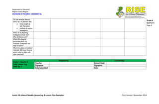 Department of Education
Negros Island Region
DIVISION OF NEGROS OCCIDENTAL
Junior HS Science Weekly Lesson Log & Lesson Plan Exemplar First Version: November 2016
Grade 8
Quarter 4
Page 6
Did the remedial lessons
work? No. of Learners who:
 have caught up
with the lesson
 continue to require
remediation
Which of my teaching
strategies worked well?
Why did these work?
What difficulties did I
encounter which my
Principal/ Supervisor can
help me solve?
What innovation or localized
materials did I use/ discover
which I wish to share with
other teachers?
Grade 7, Quarter 4
Daily Lesson Log
Week No. 1
Prepared by: Checked by:
Teacher: School Head:
Signature: Signature:
Date Submitted: Date:
 