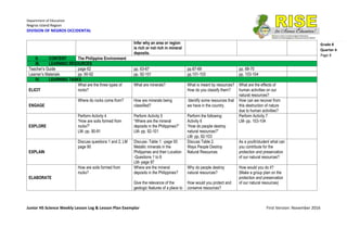 Department of Education
Negros Island Region
DIVISION OF NEGROS OCCIDENTAL
Junior HS Science Weekly Lesson Log & Lesson Plan Exemplar First Version: November 2016
Grade 8
Quarter 4
Page 8
Infer why an area or region
is rich or not rich in mineral
deposits.
II. CONTENT The Philippine Environment
III. LEARNING RESOURCES
Teacher’s Guide page 62 pp. 63-67 pp.67-69 pp. 68-70
Learner’s Materials pp. 90-92 pp. 92-101 pp.101-103 pp. 103-104
IV. LEARNING TASKS
ELICIT
What are the three types of
rocks?
What are minerals? What is meant by resources?
How do you classify them?
What are the effects of
human activities on our
natural resources?
ENGAGE
Where do rocks come from? How are minerals being
classified?
Identify some resources that
we have in the country.
How can we recover from
this destruction of nature
due to human activities?
EXPLORE
Perform Activity 4
“How are soils formed from
rocks?”
LM- pp. 90-91
Perform Activity 5
“Where are the mineral
deposits in the Philippines?”
LM- pp. 92-101
Perform the following:
Activity 6
“How do people destroy
natural resources?”
LM- pp. 92-103
Perform Activity 7
LM- pp. 103-104
EXPLAIN
Discuss questions 1 and 2, LM
page 90
Discuss- Table 1: -page 93
Metallic minerals in the
Philippines and their Location
-Questions 1 to 8
LM- page 97
Discuss Table 2.
Ways People Destroy
Natural Resources
As a youth/student what can
you contribute for the
protection and preservation
of our natural resources?
ELABORATE
How are soils formed from
rocks?
Where are the mineral
deposits in the Philippines?
Give the relevance of the
geologic features of a place to
Why do people destroy
natural resources?
How would you protect and
conserve resources?
How would you do it?
(Make a group plan on the
protection and preservation
of our natural resources)
 