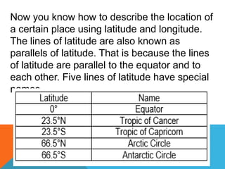 Now you know how to describe the location of
a certain place using latitude and longitude.
The lines of latitude are also known as
parallels of latitude. That is because the lines
of latitude are parallel to the equator and to
each other. Five lines of latitude have special
names.
 