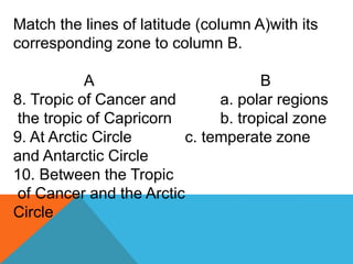 Match the lines of latitude (column A)with its
corresponding zone to column B.
A B
8. Tropic of Cancer and a. polar regions
the tropic of Capricorn b. tropical zone
9. At Arctic Circle c. temperate zone
and Antarctic Circle
10. Between the Tropic
of Cancer and the Arctic
Circle
 