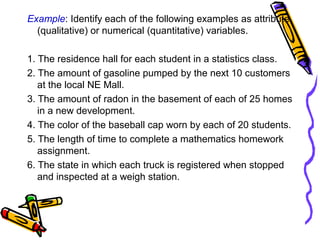 Example: Identify each of the following examples as attribute
(qualitative) or numerical (quantitative) variables.
1. The residence hall for each student in a statistics class.
2. The amount of gasoline pumped by the next 10 customers
at the local NE Mall.
3. The amount of radon in the basement of each of 25 homes
in a new development.
4. The color of the baseball cap worn by each of 20 students.
5. The length of time to complete a mathematics homework
assignment.
6. The state in which each truck is registered when stopped
and inspected at a weigh station.
 