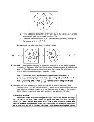 2. Three additional digits of 0’s and 1’s are put in the regions E, F, and G
so that each “set” has an even number of 1’s.
3. The code is then extended to a 7-bit code using (in order) the digits in
the regions a, b, c, d, E, F, G.
For example, the code 1011 is encoded as follows:
Example 4. Two students are vying to represent their school in the regional chess
competition. Felix won 12 of the 17 games he played this year, while Rommel
won 11 of the 14 games he played this year. If you were the principal of the
school, which student would you choose? Explain.
The Principal will likely use fractions to get the winning ratio or
percentage of each player. Felix has a winning ratio, while Rommel
has a winning ratio. Since , Rommel will be a logical choice.
Example 5. A class is holding an election to decide whether they will go on a
fieldtrip or not. They will have a fieldtrip if more than 50% of the class will vote
Yes. Assume that every member of the class will vote. If 34% of the girls and
28% of the boys will vote Yes, will the class go on a fieldtrip? Explain.
Note to the Teacher
This is an illustration of when percentages cannot be added. Although
, less than half of the girls and less than half the boys
voted Yes. This means that less than half of the students voted Yes.
Explain that the percentages given are taken from two different bases (the
set of girls and the set of boys in the class), and therefore cannot be added.
a
b
c
d
E
F
G
1
0
1
1
0
1
0
1
1
0 1
1011 1011001
 