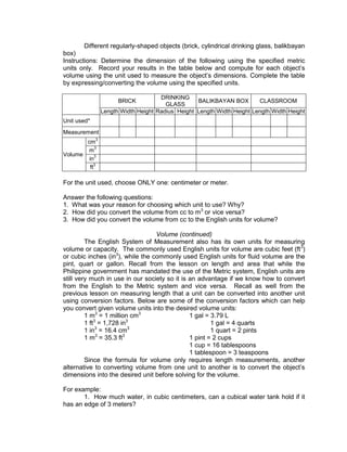 Different regularly-shaped objects (brick, cylindrical drinking glass, balikbayan
box)
Instructions: Determine the dimension of the following using the specified metric
units only. Record your results in the table below and compute for each object’s
volume using the unit used to measure the object’s dimensions. Complete the table
by expressing/converting the volume using the specified units.
BRICK
DRINKING
GLASS
BALIKBAYAN BOX CLASSROOM
Length Width Height Radius Height Length Width Height Length Width Height
Unit used*
Measurement
Volume
cm
3
m
3
in
3
ft
3
For the unit used, choose ONLY one: centimeter or meter.
Answer the following questions:
1. What was your reason for choosing which unit to use? Why?
2. How did you convert the volume from cc to m3
or vice versa?
3. How did you convert the volume from cc to the English units for volume?
Volume (continued)
The English System of Measurement also has its own units for measuring
volume or capacity. The commonly used English units for volume are cubic feet (ft3
)
or cubic inches (in3
), while the commonly used English units for fluid volume are the
pint, quart or gallon. Recall from the lesson on length and area that while the
Philippine government has mandated the use of the Metric system, English units are
still very much in use in our society so it is an advantage if we know how to convert
from the English to the Metric system and vice versa. Recall as well from the
previous lesson on measuring length that a unit can be converted into another unit
using conversion factors. Below are some of the conversion factors which can help
you convert given volume units into the desired volume units:
1 m3
= 1 million cm3
1 gal = 3.79 L
1 ft3
= 1,728 in3
1 gal = 4 quarts
1 in3
= 16.4 cm3
1 quart = 2 pints
1 m3
= 35.3 ft3
1 pint = 2 cups
1 cup = 16 tablespoons
1 tablespoon = 3 teaspoons
Since the formula for volume only requires length measurements, another
alternative to converting volume from one unit to another is to convert the object’s
dimensions into the desired unit before solving for the volume.
For example:
1. How much water, in cubic centimeters, can a cubical water tank hold if it
has an edge of 3 meters?
 