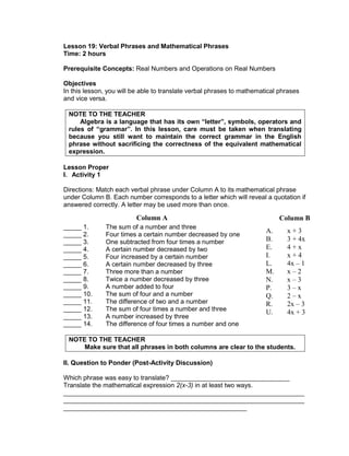 Lesson 19: Verbal Phrases and Mathematical Phrases
Time: 2 hours
Prerequisite Concepts: Real Numbers and Operations on Real Numbers
Objectives
In this lesson, you will be able to translate verbal phrases to mathematical phrases
and vice versa.
NOTE TO THE TEACHER
Algebra is a language that has its own “letter”, symbols, operators and
rules of “grammar”. In this lesson, care must be taken when translating
because you still want to maintain the correct grammar in the English
phrase without sacrificing the correctness of the equivalent mathematical
expression.
Lesson Proper
I. Activity 1
Directions: Match each verbal phrase under Column A to its mathematical phrase
under Column B. Each number corresponds to a letter which will reveal a quotation if
answered correctly. A letter may be used more than once.
_____ 1. The sum of a number and three
_____ 2. Four times a certain number decreased by one
_____ 3. One subtracted from four times a number
_____ 4. A certain number decreased by two
_____ 5. Four increased by a certain number
_____ 6. A certain number decreased by three
_____ 7. Three more than a number
_____ 8. Twice a number decreased by three
_____ 9. A number added to four
_____ 10. The sum of four and a number
_____ 11. The difference of two and a number
_____ 12. The sum of four times a number and three
_____ 13. A number increased by three
_____ 14. The difference of four times a number and one
NOTE TO THE TEACHER
Make sure that all phrases in both columns are clear to the students.
II. Question to Ponder (Post-Activity Discussion)
Which phrase was easy to translate? _________________________________
Translate the mathematical expression 2(x-3) in at least two ways.
___________________________________________________________________
___________________________________________________________________
___________________________________________________
Column A
A. x + 3
B. 3 + 4x
E. 4 + x
I. x + 4
L. 4x – 1
M. x – 2
N. x – 3
P. 3 – x
Q. 2 – x
R. 2x – 3
U. 4x + 3
Column B
 