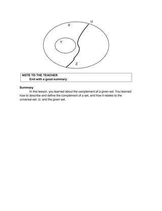 NOTE TO THE TEACHER
End with a good summary.
Summary
In this lesson, you learned about the complement of a given set. You learned
how to describe and define the complement of a set, and how it relates to the
universal set, U, and the given set.
X
Z
Y
U
 