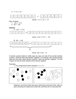 3.
hence
Now, try these:
1. (-5) + (-11)
2. (6) + (-9)
Solution:
1. (–5) + (–11)
hence, (–5) + (–11) = –16.
2. (6) + (–9)
hence, (6) + (–9) = –3.
If colored counters (disks) or bottle caps are used, one side of the counter denotes
“positive,” while the other side denotes “negative.” For example, with counters having
black and red sides, black denotes “positive,” while red denotes “negative.” For this
module, we will use white instead of red to denote negative.
Examples:
1. The configurations below represent
Keeping in mind that a black disk and a white disk cancel each other, take out
pairs consisting of a black and a white disk until there are no more pairs left.
 