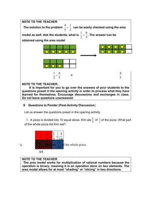 NOTE TO THE TEACHER
The solution to the problem
4
5
1
2
can be easily checked using the area
model as well. Ask the students, what is
1
2
8
5
. The answer can be
obtained using the area model
1
2
8
5
=
4
5
NOTE TO THE TEACHER:
It is important for you to go over the answers of your students to the
questions posed in the opening activity in order to process what they have
learned for themselves. Encourage discussions and exchanges in class.
Do not leave questions unanswered.
II. Questions to Ponder (Post-Activity Discussion)
Let us answer the questions posed in the opening activity.
1. A pizza is divided into 10 equal slices. Kim ate of of the pizza. What part
of the whole pizza did Kim eat?
½
3/5
NOTE TO THE TEACHER
The area model works for multiplication of rational numbers because the
operation is binary, meaning it is an operation done on two elements. The
area model allows for at most “shading” or “slicing” in two directions.
// // //
3
5
1
2
3
10
Kim ate
3
10
of the whole pizza.
 