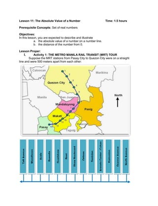 Lesson 11: The Absolute Value of a Number Time: 1.5 hours
Prerequisite Concepts: Set of real numbers
Objectives:
In this lesson, you are expected to describe and illustrate
a. the absolute value of a number on a number line.
b. the distance of the number from 0.
Lesson Proper:
I. Activity 1: THE METRO MANILA RAIL TRANSIT (MRT) TOUR
Suppose the MRT stations from Pasay City to Quezon City were on a straight
line and were 500 meters apart from each other:
TaftAvenue
Magallanes
Ayala
Buendia
Guadalupe
Boni
ShawBoulevard
Ortigas
Santolan
AranetaCenter-Cubao
Kamuning
QuezonAvenue
NorthAvenue
 