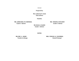 Adviser
Prepared by:
Mrs. Catherine P. Araki
Class adviser
Panelist;
MR. JAMES RUEL M. CORPORAL MR. VENZON J. PAYLANDY
Grade 3- Adviser Grade 6- Adviser
MS. ELISA A. VALDEZ
Grade 1- Adviser
NOTED:
MR. ERIC A. ARAKI MRS. VENILDA R. CAGUIMBAL
Teacher in Charge School Principal
 