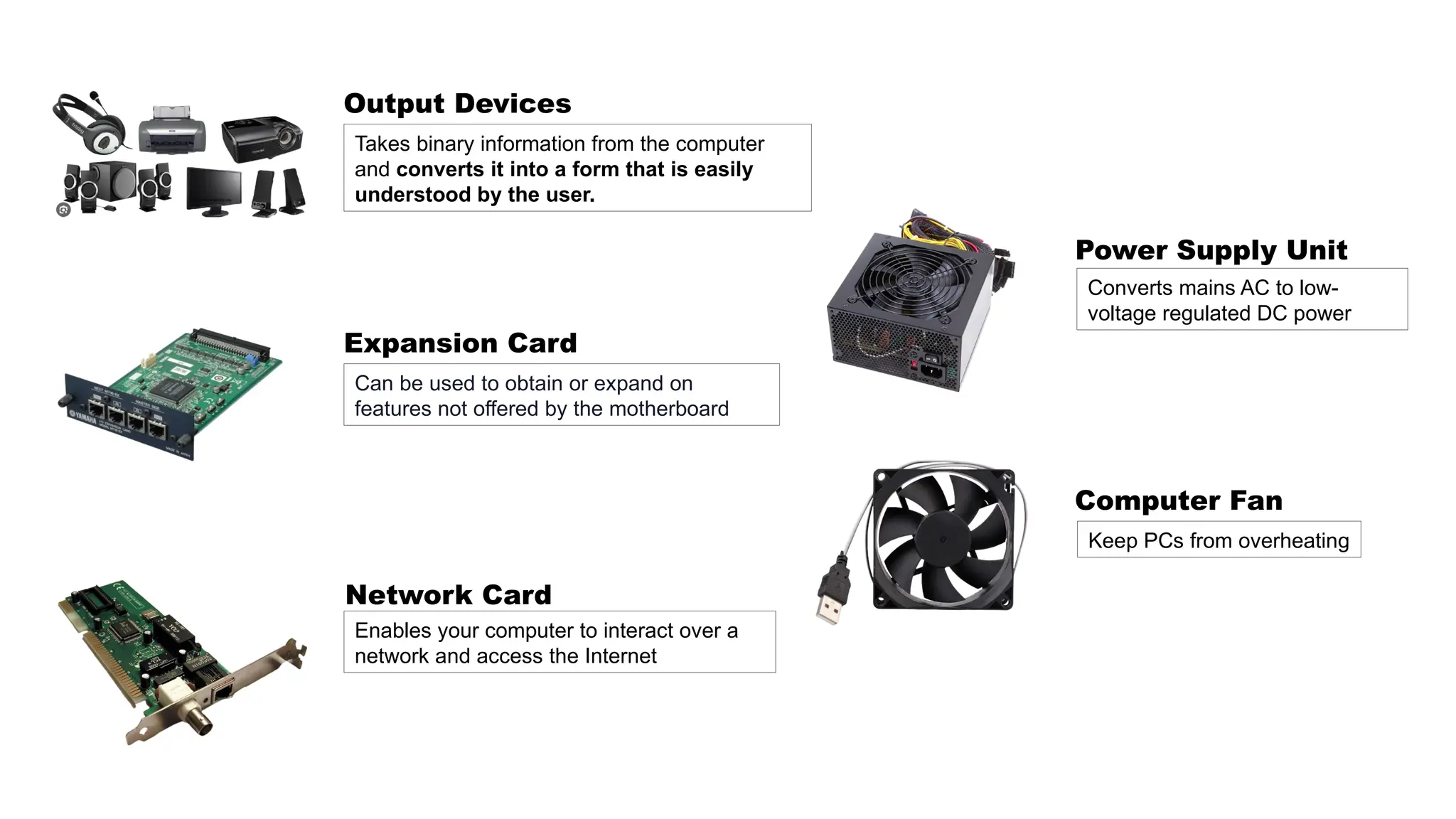 Takes binary information from the computer
and converts it into a form that is easily
understood by the user.
Can be used to obtain or expand on
features not offered by the motherboard
Enables your computer to interact over a
network and access the Internet
Converts mains AC to low-
voltage regulated DC power
Keep PCs from overheating
Output Devices
Expansion Card
Network Card
Power Supply Unit
Computer Fan
 