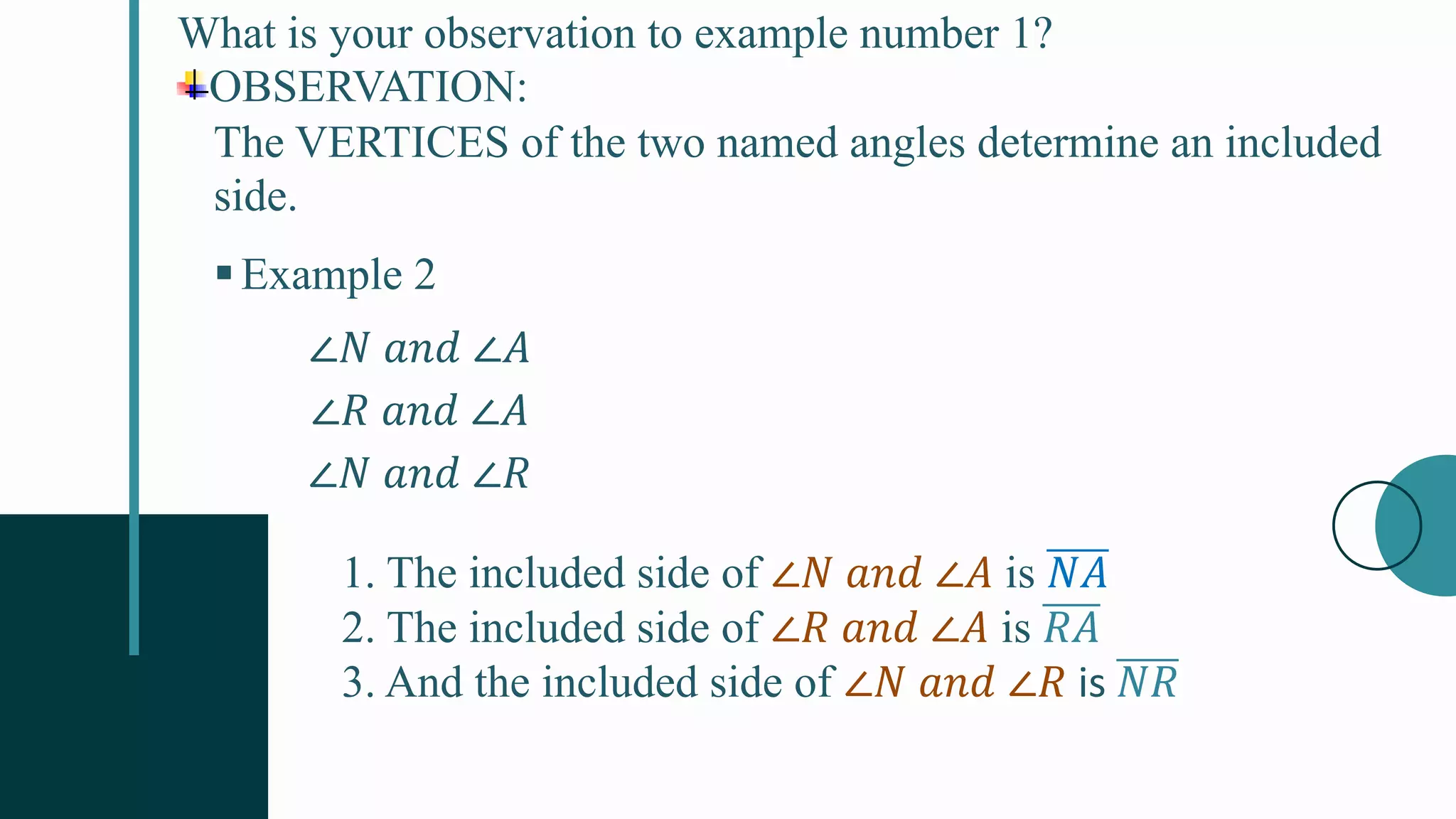 What is your observation to example number 1?
OBSERVATION:
The VERTICES of the two named angles determine an included
side.
Example 2
∠𝑁 𝑎𝑛𝑑 ∠𝐴
∠𝑅 𝑎𝑛𝑑 ∠𝐴
∠𝑁 𝑎𝑛𝑑 ∠𝑅
1. The included side of ∠𝑁 𝑎𝑛𝑑 ∠𝐴 is 𝑁𝐴
2. The included side of ∠𝑅 𝑎𝑛𝑑 ∠𝐴 is 𝑅𝐴
3. And the included side of ∠𝑁 𝑎𝑛𝑑 ∠𝑅 is 𝑁𝑅
 
