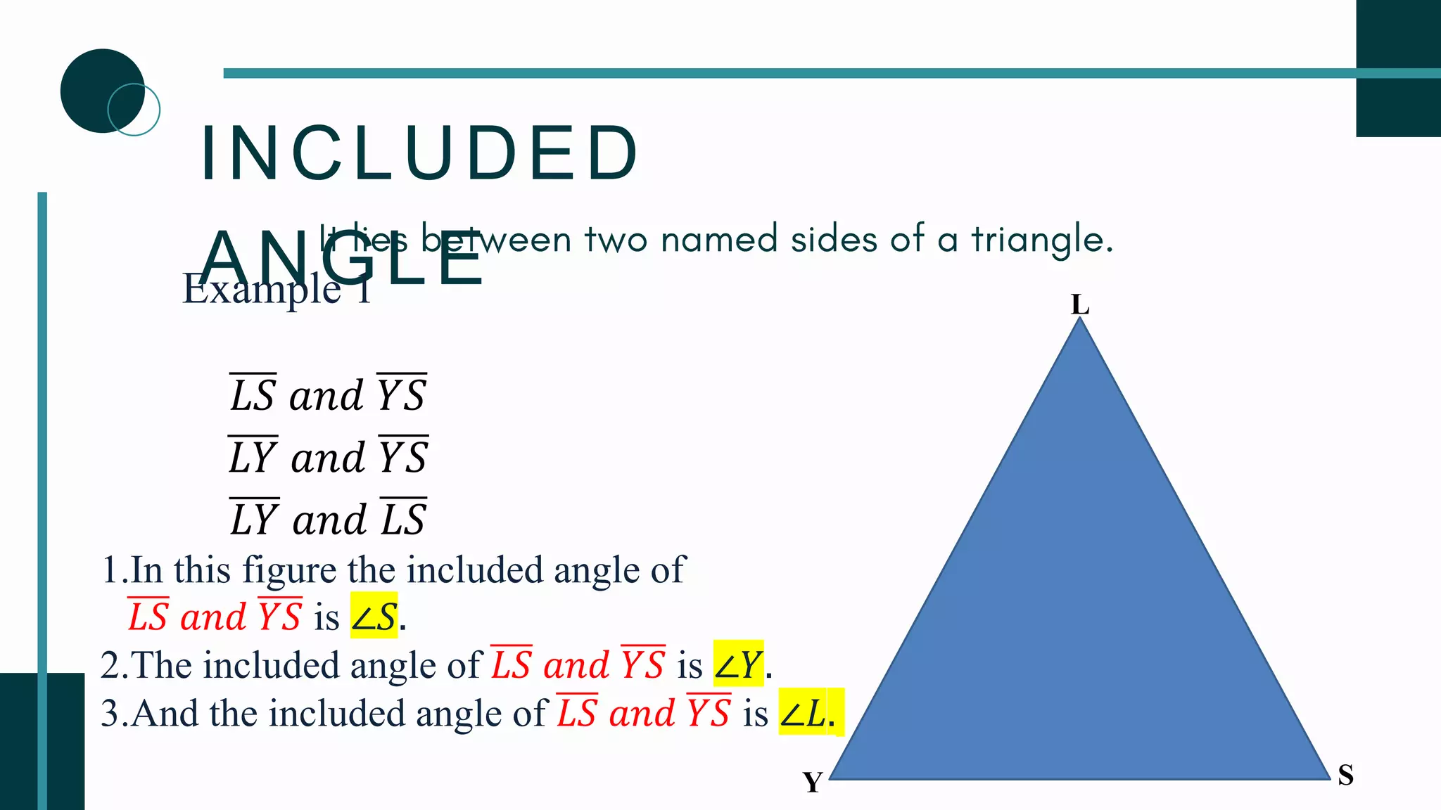 INCLUDED
ANGLE L
S
Y
Example 1
𝐿𝑆 𝑎𝑛𝑑 𝑌𝑆
𝐿𝑌 𝑎𝑛𝑑 𝑌𝑆
𝐿𝑌 𝑎𝑛𝑑 𝐿𝑆
1.In this figure the included angle of
𝐿𝑆 𝑎𝑛𝑑 𝑌𝑆 is ∠𝑆.
2.The included angle of 𝐿𝑆 𝑎𝑛𝑑 𝑌𝑆 is ∠𝑌.
3.And the included angle of 𝐿𝑆 𝑎𝑛𝑑 𝑌𝑆 is ∠𝐿.
 