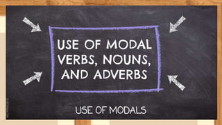 SLIDESMANIA.COM
USE OF MODAL
VERBS, NOUNS,
AND ADVERBS
USE OF MODALS
 