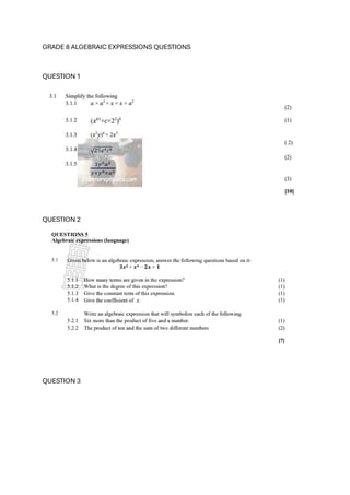 Comprehensive Grade 8 Algebraic Expressions Practice Questions for ...