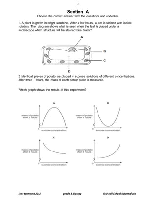 2
First term test 2013 grade 8 biology GAAtoll School Kolamafushi
Section A
Choose the correct answer from the questions and underline.
1. A plant is grown in bright sunshine. After a few hours, a leaf is stained with iodine
solution. The diagram shows what is seen when the leaf is placed under a
microscope.which structure will be stained blue black?
2 .Identical pieces of potato are placed in sucrose solutions of different concentrations.
After three hours, the mass of each potato piece is measured.
Which graph shows the results of this experiment?
 