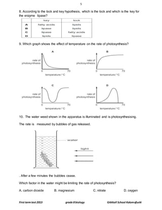 5
First term test 2013 grade 8 biology GAAtoll School Kolamafushi
8. According to the lock and key hypothesis, which is the lock and which is the key for
the enzyme lipase?
9. Which graph shows the effect of temperature on the rate of photosynthesis?
10. The water weed shown in the apparatus is illuminated and is photosynthesising.
The rate is measured by bubbles of gas released.
. After a few minutes the bubbles cease.
Which factor in the water might be limiting the rate of photosynthesis?
A. carbon dioxide B. magnesium C. nitrate D. oxygen
 