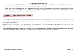 K to 12 BASIC EDUCATION CURRICULUM
K to 12 English Curriculum Guide December 2013 Page 10 of 171
information and ideas critically and evaluate information in terms of its reliability and currency. They make notes and graphic representations of information and combine
information from different sources into a coherent whole by summarizing, comparing and synthesizing.
Learners reflect on ethical considerations in the use of ideas and information. They recognize the importance of attributing sources of ideas and information, and of
presenting or representing ideas and information in ways which are not misleading. They use quotation and sourcing conventions appropriately. They take into account the
possible effects of and responses to the presentation of ideas and information.
Language is the major instrument in communication (oral and written) and the heart of which is the exchange of meaning. Language learning should focus on guiding students
make meaning through language for different purposes on a range of topics and with a variety of audiences. Students must be able to adapt to various situations where
communication demands greatly vary.
The skills, grammatical items, structures and various types of texts will be taught, and revisited at increasing levels of difficulty and sophistication. This design allows students
to progress from the foundational level to higher levels of language use.
The Language Arts and Multiliteracies Curriculum (LAMC) is composed of five (5) intricately intertwined and integrated sub-strands (listening, speaking, reading, writing, and
viewing) that serve as building blocks for understanding and creation of meaning and for effective communication across curricula (Matrix 1).
COMPONENT 3: Making Meaning through Language
 
