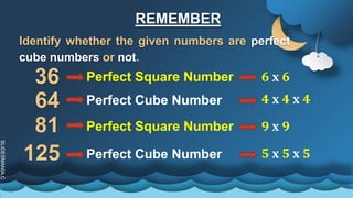 SLIDESMANIA.C
REMEMBER
Identify whether the given numbers are perfect
cube numbers or not.
36 Perfect Square Number 6 x 6
64 Perfect Cube Number 4 x 4 x 4
81 Perfect Square Number 9 x 9
125
Perfect Cube Number
Perfect Cube Number 5 x 5 x 5
 