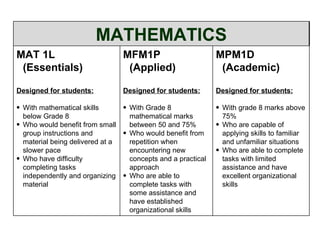 MPM1D (Academic) Designed for students: With grade 8 marks above 75% Who are capable of applying skills to familiar and unfamiliar situations Who are able to complete tasks with limited assistance and have excellent organizational skills MFM1P (Applied) Designed for students: With Grade 8 mathematical marks between 50 and 75% Who would benefit from repetition when encountering new concepts and a practical approach Who are able to complete tasks with some assistance and have established organizational skills MAT 1L (Essentials) Designed for students: With mathematical skills below Grade 8 Who would benefit from small group instructions and material being delivered at a slower pace Who have difficulty completing tasks independently and organizing material MATHEMATICS 