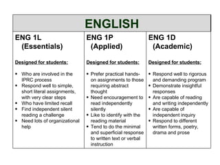 ENG 1D (Academic) Designed for students: Respond well to rigorous and demanding program Demonstrate insightful responses Are capable of reading and writing independently Are capable of independent inquiry Respond to different written forms, poetry, drama and prose ENG 1P (Applied) Designed for students: Prefer practical hands-on assignments to those requiring abstract thought Need encouragement to read independently silently Like to identify with the reading material Tend to do the minimal and superficial response to written text or verbal instruction ENG 1L (Essentials) Designed for students: Who are involved in the IPRC process Respond well to simple, short literal assignments, with very clear steps Who have limited recall Find independent silent reading a challenge Need lots of organizational help  ENGLISH 