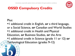 Developing responsible global citizens and leaders through academic excellence




OSSD Compulsory Credits


Plus:
•1 additional credit in English, or a third language,
or a Social Science, or Canadian and World Studies
•1 additional credit in Health and Physical
Education, or Business Studies, or the Arts
•1 additional credit in Science (grade 11 or 12) or
Technological Education (grades 9-12)
 