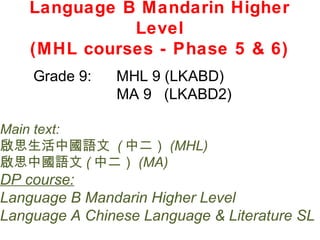 Language B Mandarin Higher
              Level
    (MHL courses - Phase 5 & 6)
    Grade 9:   MHL 9 (LKABD)
               MA 9 (LKABD2)

Main text:
啟思生活中國語文 ( 中二） (MHL)
啟思中國語文 ( 中二） (MA)
DP course:
Language B Mandarin Higher Level
Language A Chinese Language & Literature SL
 