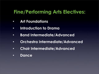 Fine/Performing Arts Electives:
•   Art Foundations
•   Introduction to Drama
•   Band Intermediate/Advanced
•   Orchestra Intermediate/Advanced
•   Choir Intermediate/Advanced
•   Dance
 