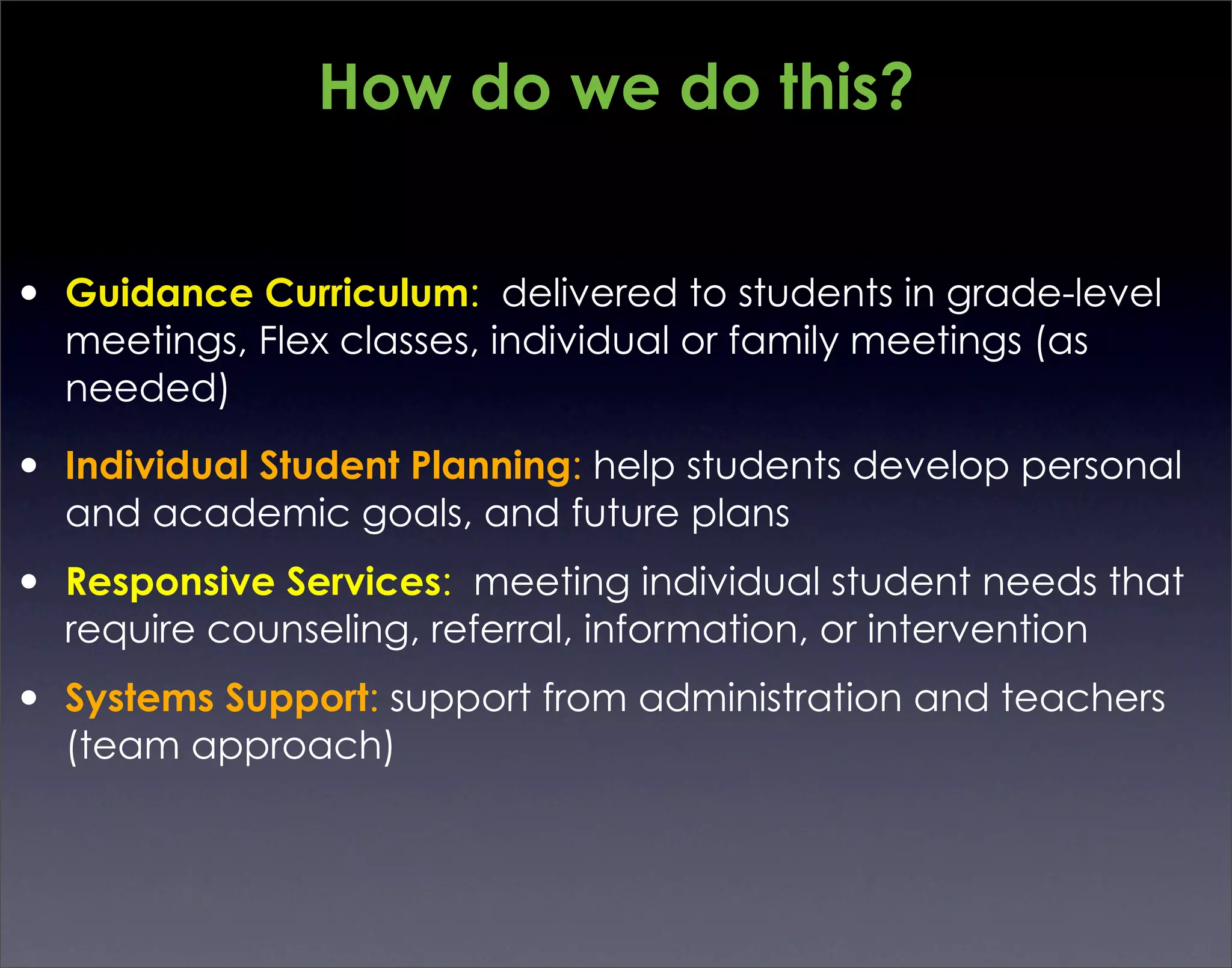 How do we do this?


• Guidance Curriculum: delivered to students in grade-level
  meetings, Flex classes, individual or family meetings (as
  needed)

• Individual Student Planning: help students develop personal
  and academic goals, and future plans
• Responsive Services: meeting individual student needs that
  require counseling, referral, information, or intervention
• Systems Support: support from administration and teachers
  (team approach)
 