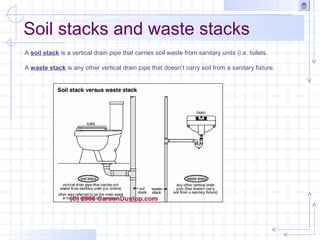 A soil stack is a vertical drain pipe that carries soil waste from sanitary units (i.e. toilets.
A waste stack is any other vertical drain pipe that doesn’t carry soil from a sanitary fixture.
Soil stacks and waste stacks
 