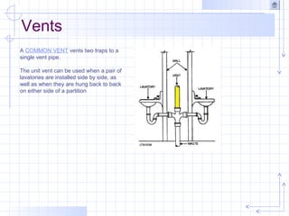 Vents
A COMMON VENT vents two traps to a
single vent pipe.
The unit vent can be used when a pair of
lavatories are installed side by side, as
well as when they are hung back to back
on either side of a partition
 