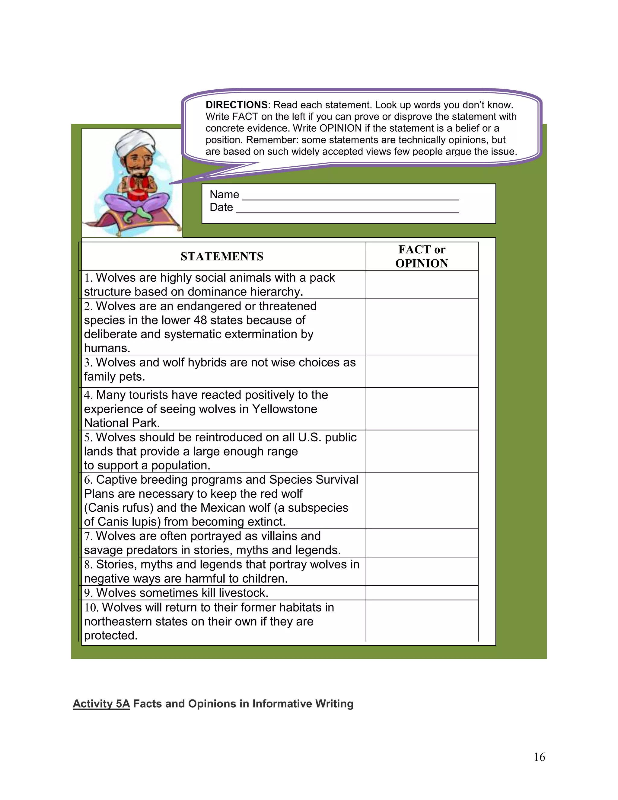 16
Activity 5A Facts and Opinions in Informative Writing
STATEMENTS
FACT or
OPINION
1. Wolves are highly social animals with a pack
structure based on dominance hierarchy.
2. Wolves are an endangered or threatened
species in the lower 48 states because of
deliberate and systematic extermination by
humans.
3. Wolves and wolf hybrids are not wise choices as
family pets.
4. Many tourists have reacted positively to the
experience of seeing wolves in Yellowstone
National Park.
5. Wolves should be reintroduced on all U.S. public
lands that provide a large enough range
to support a population.
6. Captive breeding programs and Species Survival
Plans are necessary to keep the red wolf
(Canis rufus) and the Mexican wolf (a subspecies
of Canis lupis) from becoming extinct.
7. Wolves are often portrayed as villains and
savage predators in stories, myths and legends.
8. Stories, myths and legends that portray wolves in
negative ways are harmful to children.
9. Wolves sometimes kill livestock.
10. Wolves will return to their former habitats in
northeastern states on their own if they are
protected.
Source: http://www.kidsplanet.org/tt/wolf/languagearts/factopinion.PDF
Name ___________________________________
Date ____________________________________
DIRECTIONS: Read each statement. Look up words you don‘t know.
Write FACT on the left if you can prove or disprove the statement with
concrete evidence. Write OPINION if the statement is a belief or a
position. Remember: some statements are technically opinions, but
are based on such widely accepted views few people argue the issue.
 